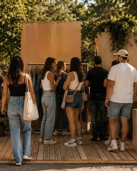 People browsing a pop-up clothing rack outdoors